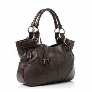 Salvatore Ferragamo Gancini Cognac Brown Leather Shoulder Bag Brass